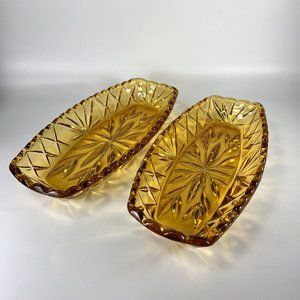 Vtg Amber Glass Oval Oblong Bowls Trinket Candy Serving Dish Scalloped Rim Lot 2